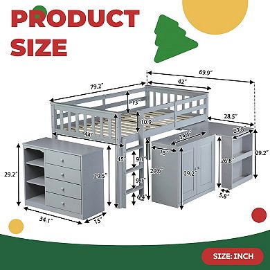 Rubber Wood Loft Bed with Storage Cabinets, Pull-Out Desk, Safety Guardrail, Sturdy Ladder