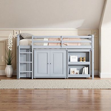 Rubber Wood Loft Bed with Storage Cabinets, Pull-Out Desk, Safety Guardrail, Sturdy Ladder
