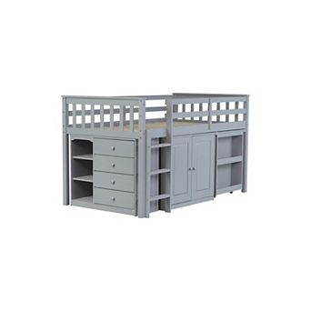 Rubber Wood Loft Bed with Storage Cabinets, Pull-Out Desk, Safety Guardrail, Sturdy Ladder