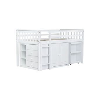 Rubber Wood Loft Bed with Storage Cabinets, Pull-Out Desk, Safety Guardrail, Sturdy Ladder