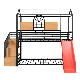 Metal Bunk Bed, House Playhouse Design with Slide, Storage Stairs, Safety Guardrails, Shelf