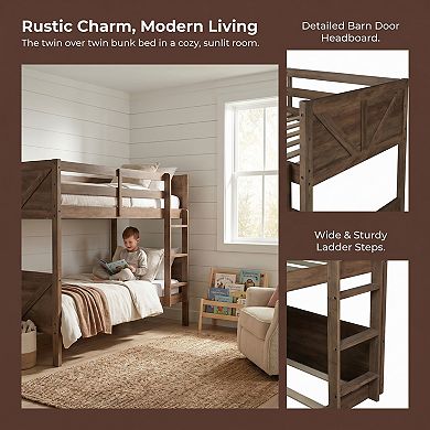 Rustic Barn Door Floor Bunk Bed with Guardrails, Built-in Ladder, Solid Rubber Wood, Space-Saving