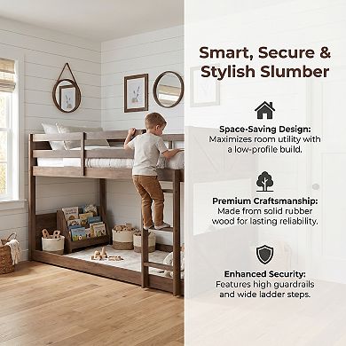 Rustic Barn Door Floor Bunk Bed with Guardrails, Built-in Ladder, Solid Rubber Wood, Space-Saving