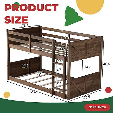 Rustic Barn Door Floor Bunk Bed with Guardrails, Built-in Ladder, Solid Rubber Wood, Space-Saving