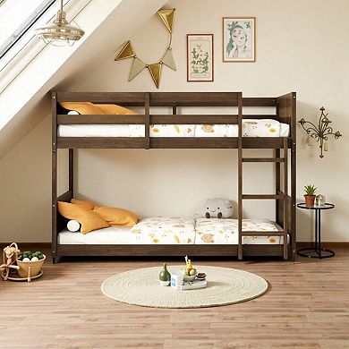 Rustic Barn Door Floor Bunk Bed with Guardrails, Built-in Ladder, Solid Rubber Wood, Space-Saving