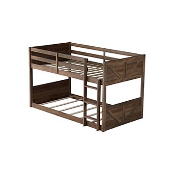 Rustic Barn Door Floor Bunk Bed with Guardrails, Built-in Ladder, Solid Rubber Wood, Space-Saving