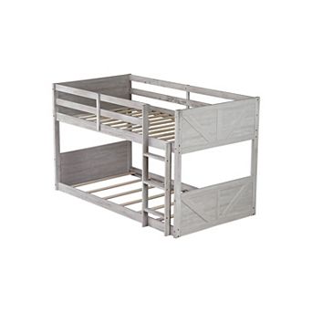 Rustic Barn Door Floor Bunk Bed with Guardrails, Built-in Ladder, Solid Rubber Wood, Space-Saving