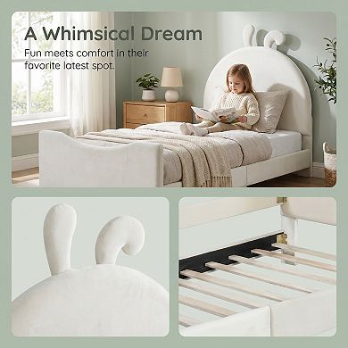Upholstered Daybed with Rabbit Ear Headboard, Sturdy Wood Frame, Velvet Upholstered, Easy Assembly
