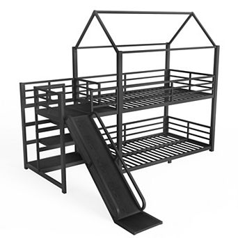 House-Shaped Metal Bunk Bed with Storage Stairs, Slide, Safety Rails, Noise-Free Sturdy Frame