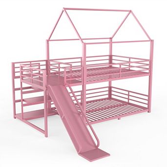 House-Shaped Metal Bunk Bed with Storage Stairs, Slide, Safety Rails, Noise-Free Sturdy Frame