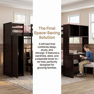 Ultimate Space-Saving Loft Bed with Lower Trundle, Built-In Desk and Wardrobe