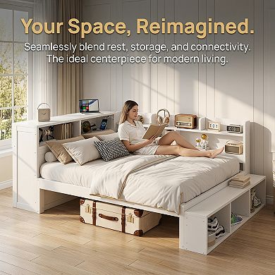 Multifunctional Storage Daybed with Built In Cabinets, Charging Station & Shoe Rack