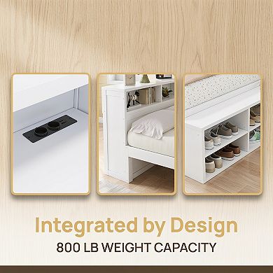 Multifunctional Storage Daybed with Built In Cabinets, Charging Station & Shoe Rack