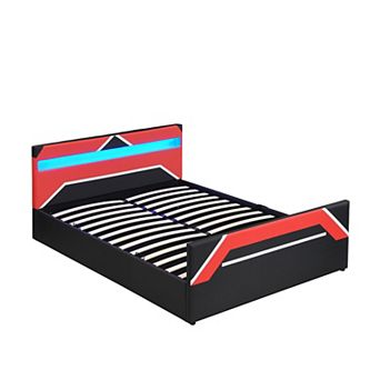 Gaming Bed with LED Headboard and Hydraulic Storage, Platform Design for Adults