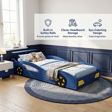 Wooden Race Car Bed, Car-Shaped Platform Bed with Wheels, Safety Rails, Storage, Easy Assembly