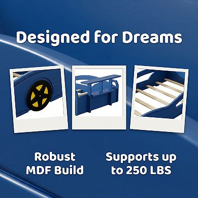 Wooden Race Car Bed, Car-Shaped Platform Bed with Wheels, Safety Rails, Storage, Easy Assembly