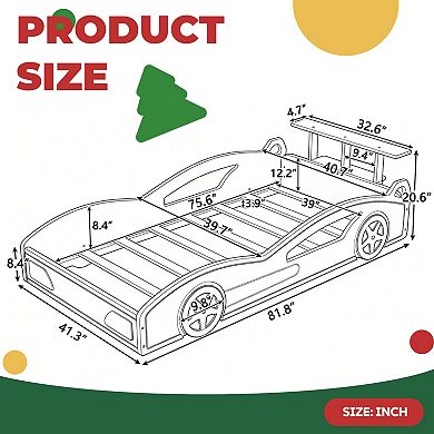 Wooden Race Car Bed, Car-Shaped Platform Bed with Wheels, Safety Rails, Storage, Easy Assembly