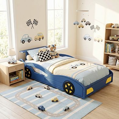 Wooden Race Car Bed, Car-Shaped Platform Bed with Wheels, Safety Rails, Storage, Easy Assembly