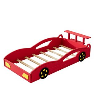 Wooden Race Car Bed, Car-Shaped Platform Bed with Wheels, Safety Rails, Storage, Easy Assembly