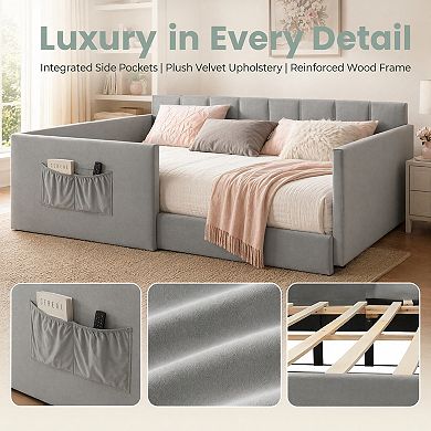 Velvet Upholstered Daybed with Walk In Access & Side Storage, Cozy Sofa Bed