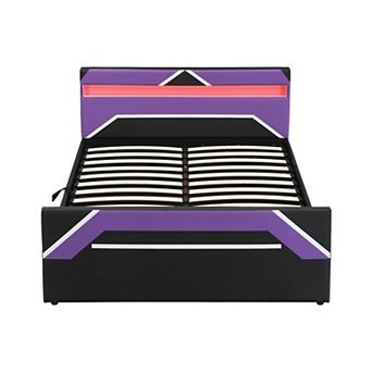 Gaming Bed with Built In LED Headboard and Hydraulic Storage, Organized Base