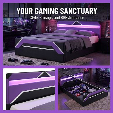 Gaming Bed with Built In LED Headboard and Hydraulic Storage, Organized Base