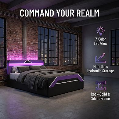 Gaming Bed with Built In LED Headboard and Hydraulic Storage, Organized Base