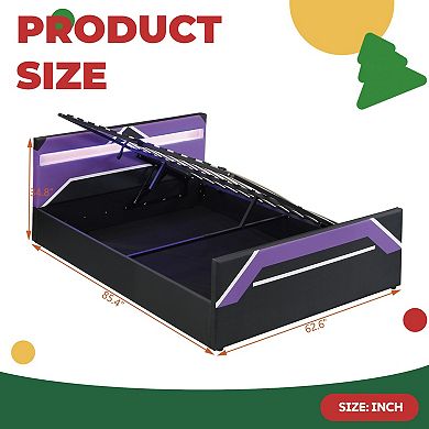 Gaming Bed with Built In LED Headboard and Hydraulic Storage, Organized Base