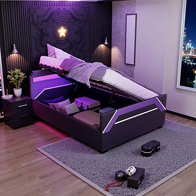 Gaming Bed with Built In LED Headboard and Hydraulic Storage, Organized Base