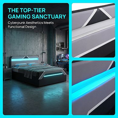 Gaming Bed with LED Headboard & Hydraulic Storage, RGB Lighting