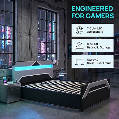 Gaming Bed with LED Headboard & Hydraulic Storage, RGB Lighting