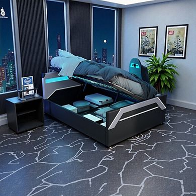 Gaming Bed with LED Headboard & Hydraulic Storage, RGB Lighting