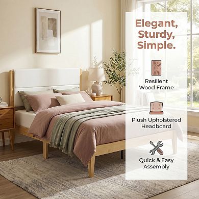 Mid Century Modern Platform Bed Frame with Upholstered Headboard, No Box Spring