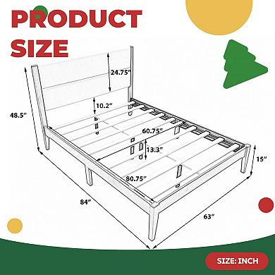 Mid Century Modern Platform Bed Frame with Upholstered Headboard, No Box Spring