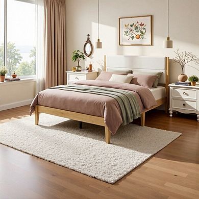 Mid Century Modern Platform Bed Frame with Upholstered Headboard, No Box Spring