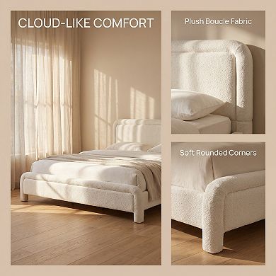 Upholstered Platform Bed with Curved Headboard, Premium Boucle Fabric, No Box Spring