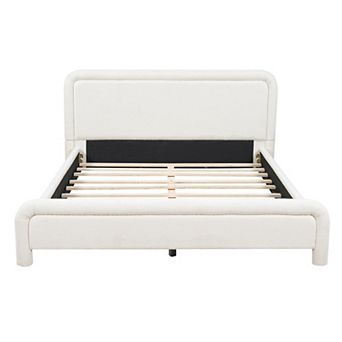 Modern Upholstered Platform Bed with Curved Boucle Headboard, No Box Spring