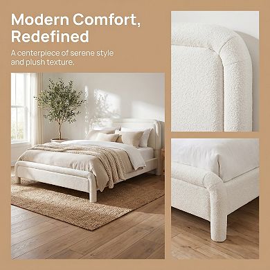 Modern Upholstered Platform Bed with Curved Boucle Headboard, No Box Spring
