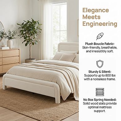 Modern Upholstered Platform Bed with Curved Boucle Headboard, No Box Spring