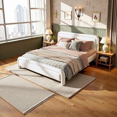 Modern Upholstered Platform Bed with Curved Boucle Headboard, No Box Spring