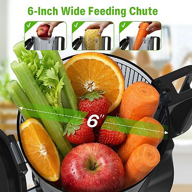 6" Wide Chute Slow Masticating Juicer, High Yield Easy Clean Quiet Copper Motor