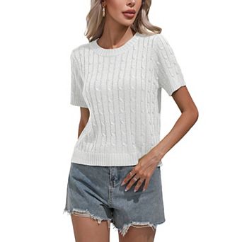 Women's Short Sleeve Cable Knit Sweater Lightweight Crewneck Pullover Top