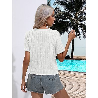 Women's Short Sleeve Cable Knit Sweater Lightweight Crewneck Pullover Top