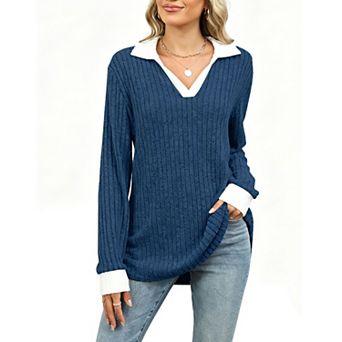 Women's Sweater Casual Long Sleeve Collared V Neck Pullover Top