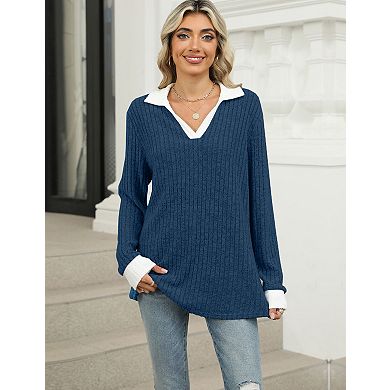 Women's Sweater Casual Long Sleeve Collared V Neck Pullover Top