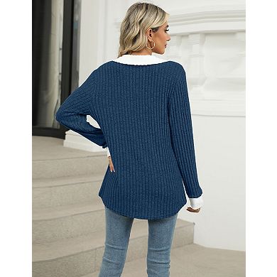 Women's Sweater Casual Long Sleeve Collared V Neck Pullover Top