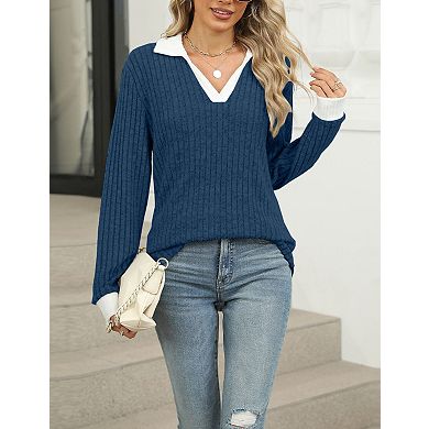 Women's Sweater Casual Long Sleeve Collared V Neck Pullover Top