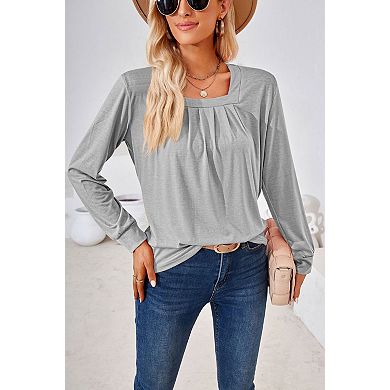 Women's Square Neck Long Sleeve Shirt Pleated Front Casual Shirt Top