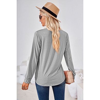 Women's Square Neck Long Sleeve Shirt Pleated Front Casual Shirt Top