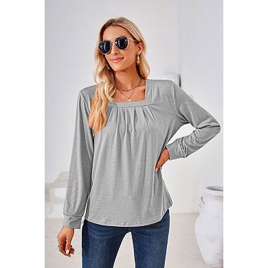 Women's Square Neck Long Sleeve Shirt Pleated Front Casual Shirt Top